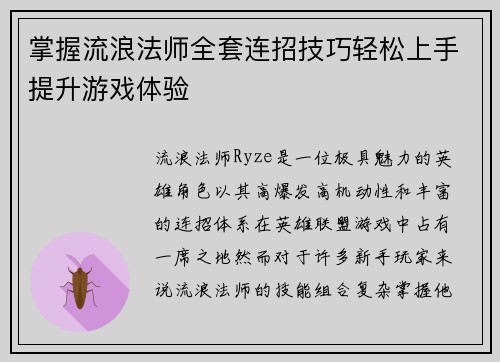 掌握流浪法师全套连招技巧轻松上手提升游戏体验